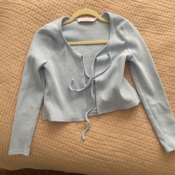 Lisa Says Gah Tops - Light Blue Ribbed Cardigan